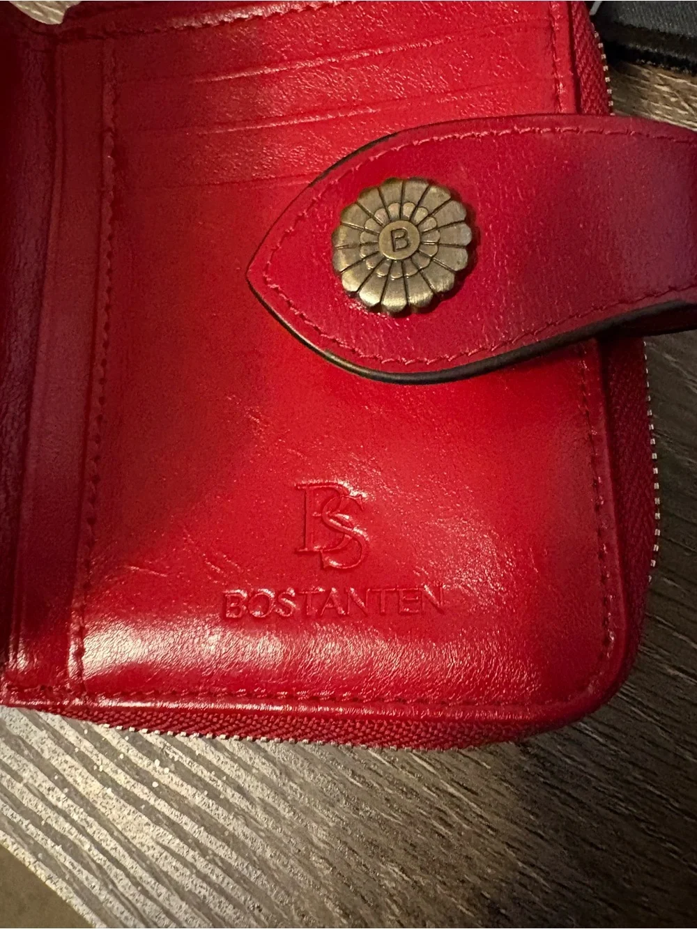 Bostonian Red Leather Women's Snap Wallet with Floral Button